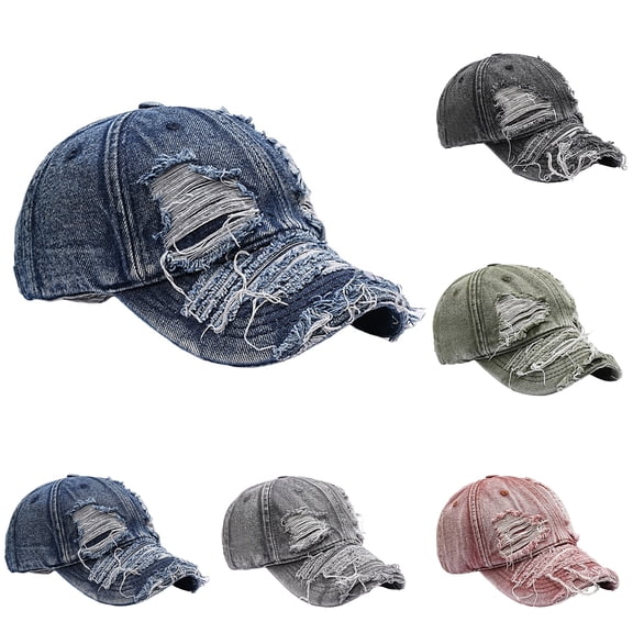 Distressed Washed Denim Baseball Caps, Unisex Ripped with Threads Trucker Hats, Vintage Destroyed Snapback for Men Women Blue