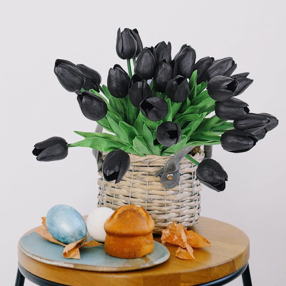 HAOSHICS 30pcs Artificial Tulips Flowers Fake Latex Tulip Stems - Real Touch Faux Colorful,for Easter Spring Wedding Bouquet Centerpiece Floral Arrangement Wedding Table Decor (Black)