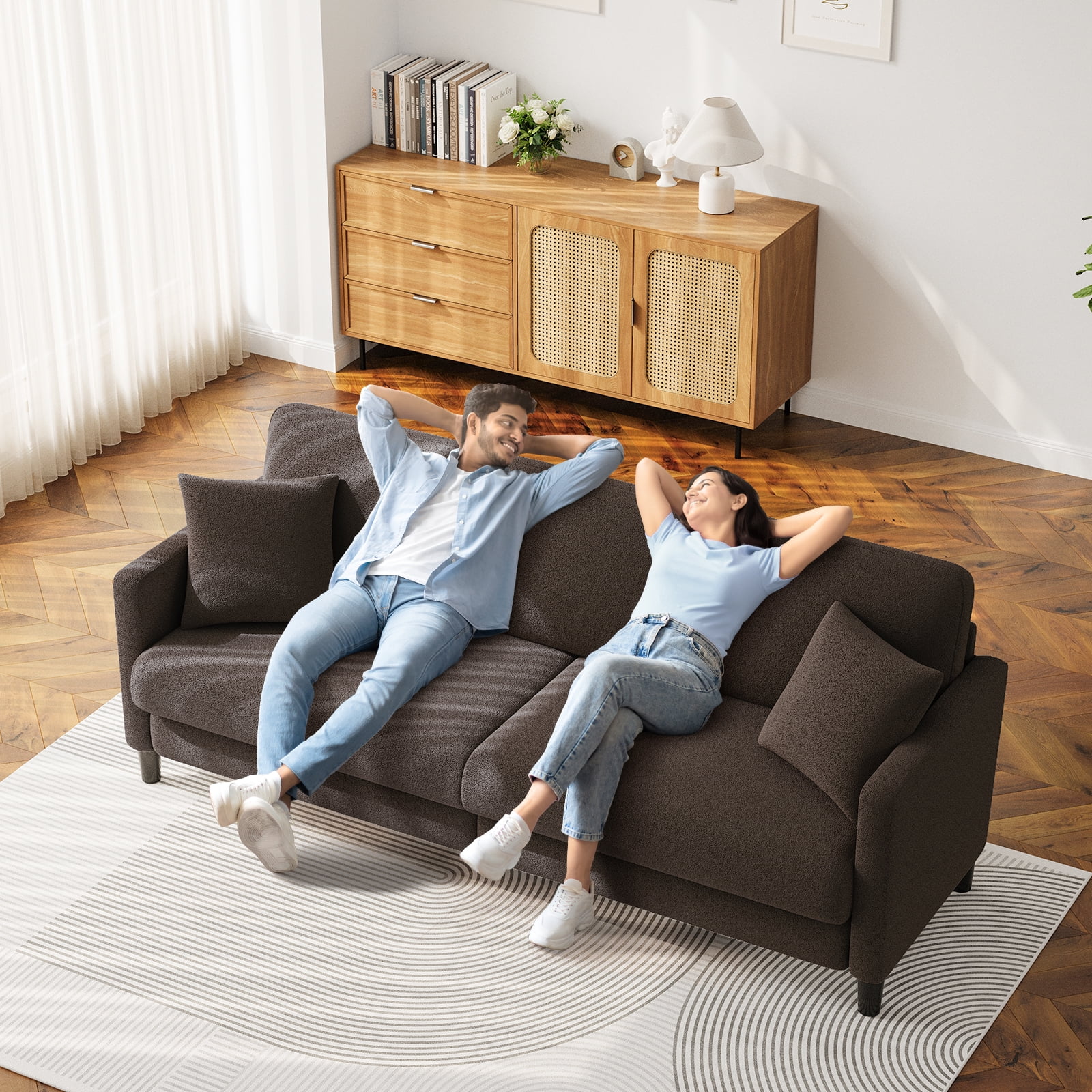 83" Sofa Couch for Living Room,Comfy Teddy Fleece Loveseat Sofa,Extra Deep Seat Couches ,Neche Tool-Free Setup Love Seat with 2 Pillows,Brown