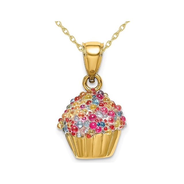 14K Yellow Gold Cupcake Charm Pendant Necklace with Colored Bead Icing and Chain