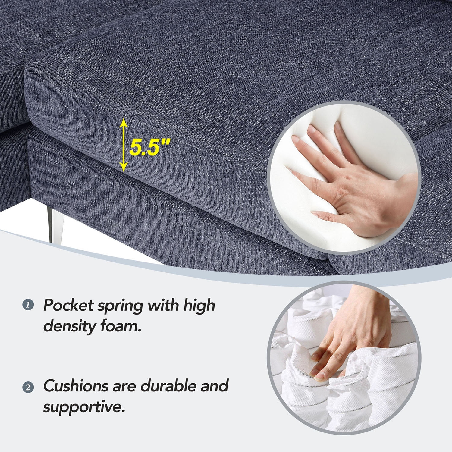 Kadyn 86" Convertible Sectional Sofa, Modern Chenille Fabric Sofa with Reversible Chaise and 2 Pillows, L-Shaped 3-Seat Sofa for Apartment, Blue+Grey