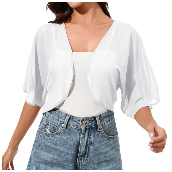 Womens Cropped Shrug Cardigans Chiffon Lightweight Open Front Bolero Cardigan Sheer Short Sleeve Shrugs for Dress White, M