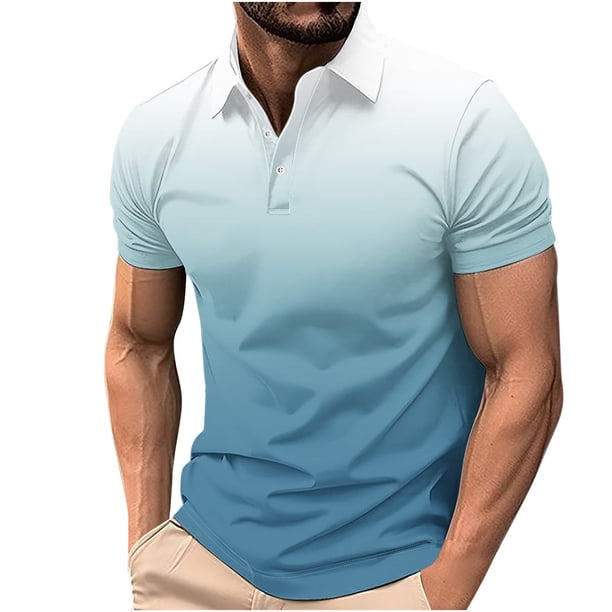 Camisetas de Manga Corta de los Hombres Casual Gradiente Solapa Botón Arriba Camiseta, Top Ligero para el Hogar, Uso Diario Y Cómodo
