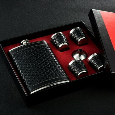 6 -Piece Black Leather Wrap Stainless Steel Hip Flask Set