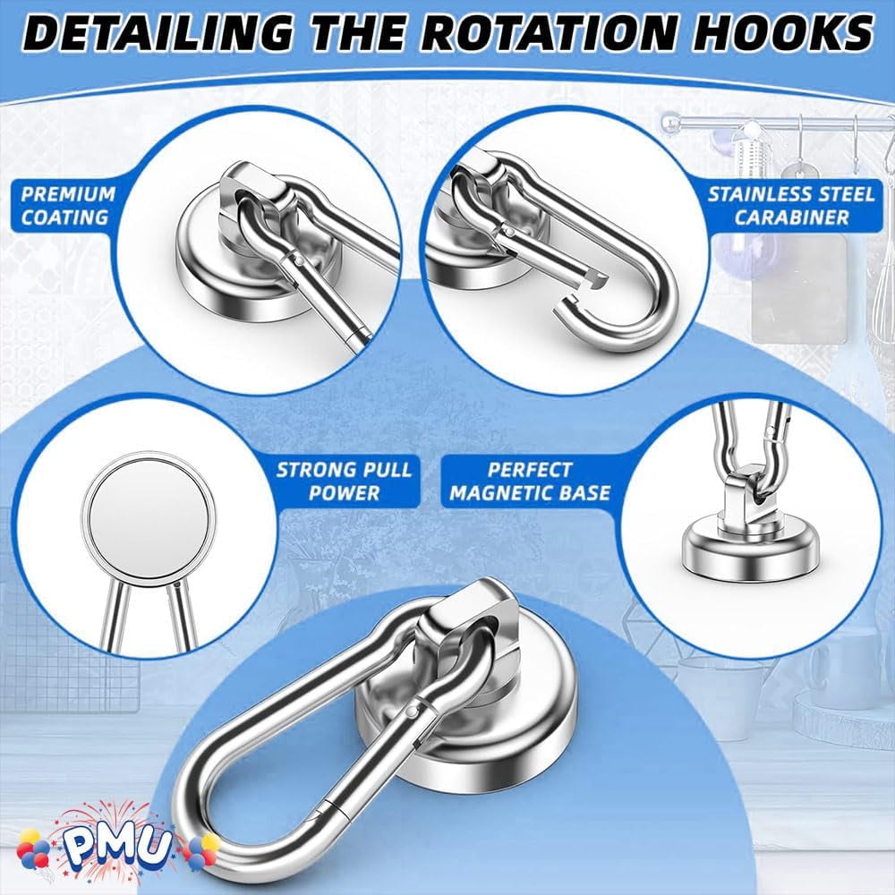 PMU Strong Magnetic Hook with Swivel Carabiner Clip – Heavy Duty Magnet Hook Holds Up to 50 Lbs for Locker, Cruise Cabin, Home, Office, Refrigerator & Garage Use
