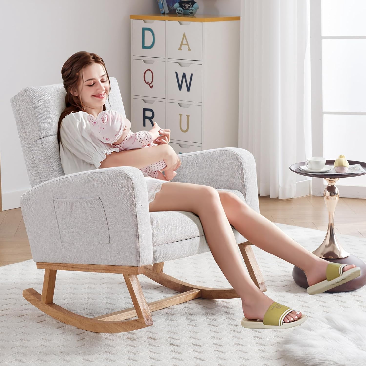 HCHAIRH Rocking Chair  with Foot Rest, Nursing Rocking Chairs for Mom Breastfeeding, Rocker Glider Chair with High Backrest for Living Room, Bedroom, Light Grey