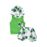 Suanret Newborn Infants Boy 2PCS Streetwear Outfits Tropical Tree Printed Patchwork Sleeveless Hooded Tops Elastic Waist Short Pants Green 18-24 Months