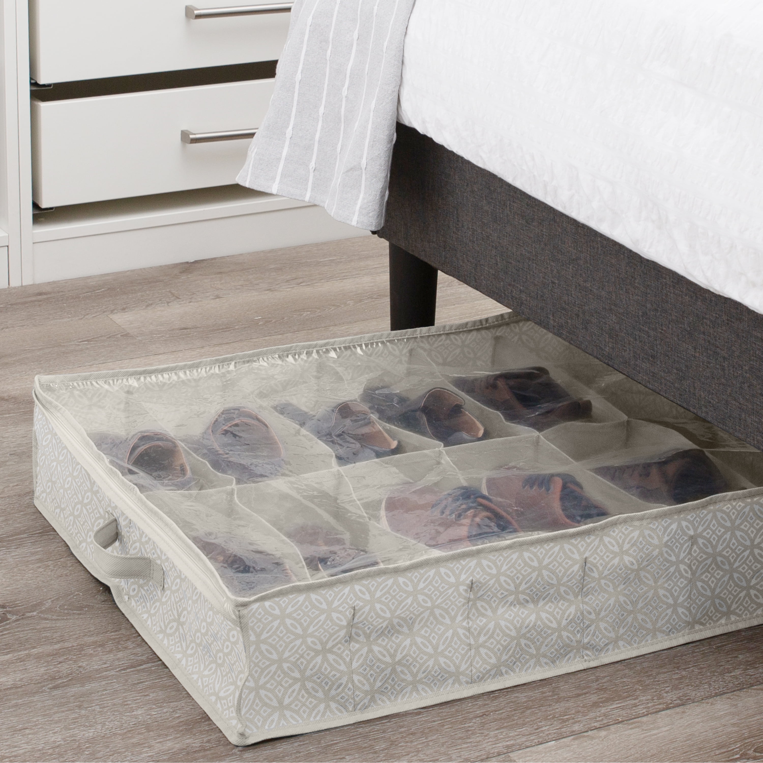 Simplify 12 Pair Boho Print Fabric Under the Bed Shoe Storage Bag in Grey