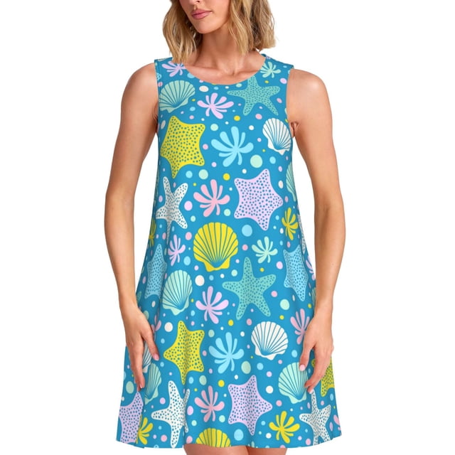 Vsdgher Robes d'Été Imprimé Étoile de Mer pour Femmes Robe de Plage Décontractée Col en U Sans Manches Robe d'Été Ample avec Poche