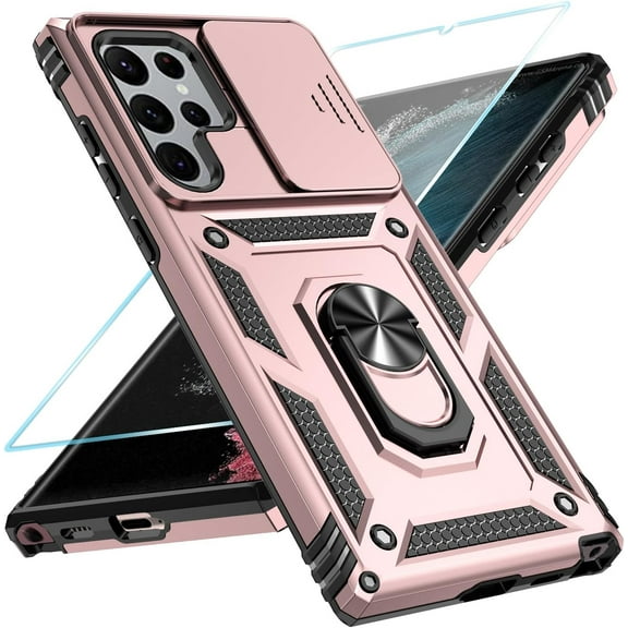for Samsung Galaxy S22 Ultra 5G Case with HD Screen Protector & Slide Camera Cover & Rotated Ring Kickstand, [Military-Grade] [2 in 1] Phone Case for (Galaxy S22 Ultra 6.8",Rosegold)