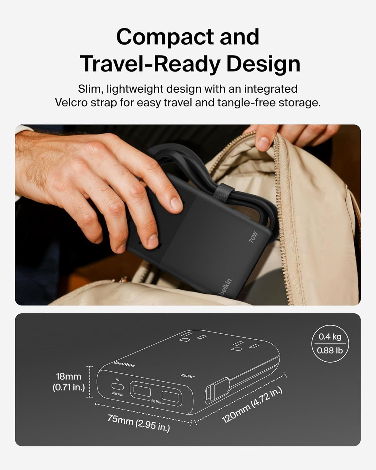 Belkin GaN Charging Station 70W, 6-in-1 USB C Charger w/ 2 AC Outlets, 2 USB A Ports, Integrated USB C Cable-Power Strip for iPhone, Apple Watch, iPad, MacBook, Chromebook, Laptop, Travel Essential
