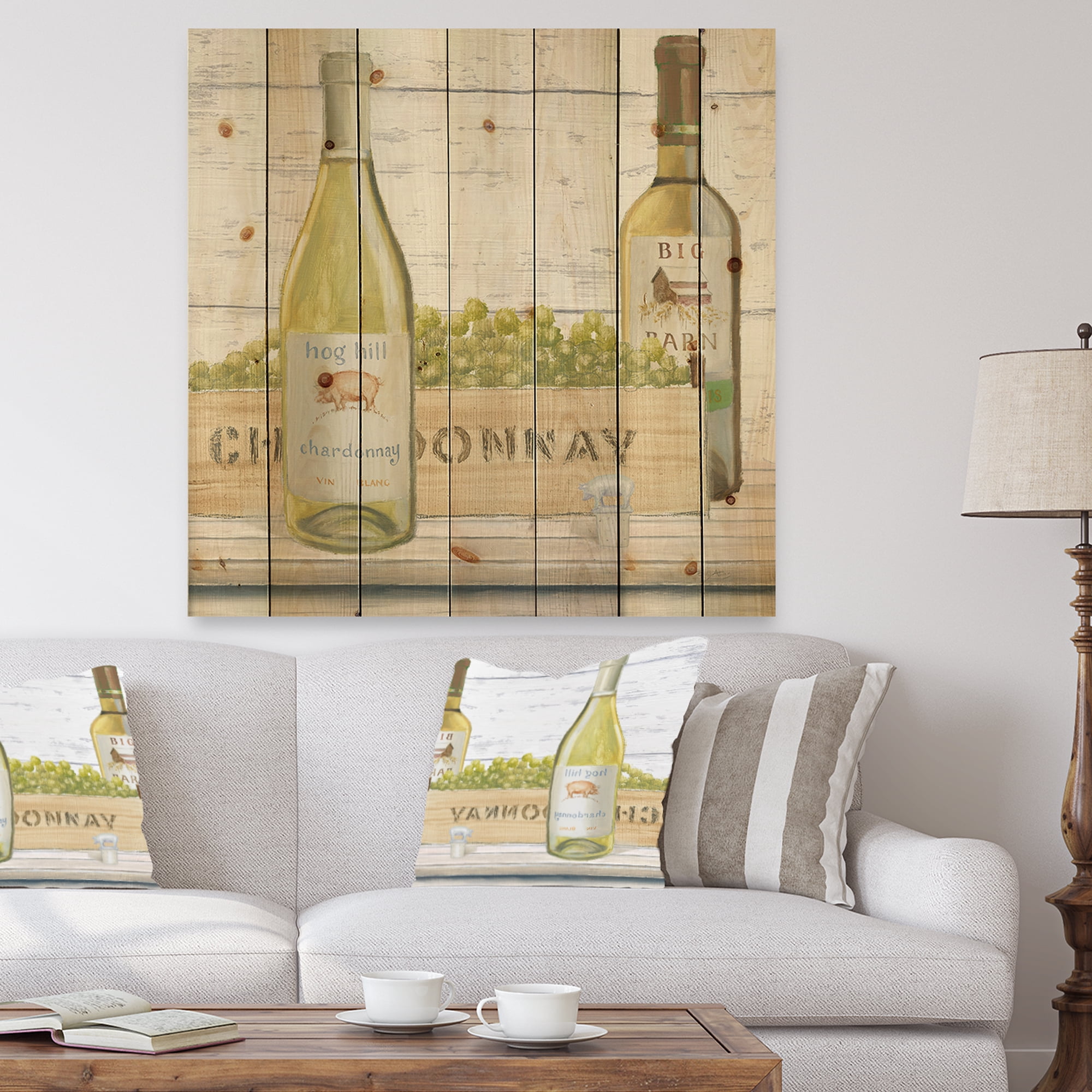 Designart 'Chardonnay White Wine Bottles' Food and Beverage Print on Natural Pine Wood