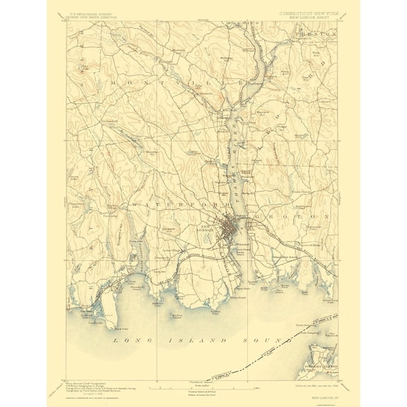 Topographical Map - New London Connecticut Sheet - USGS 1893 - Vintage Wall Art