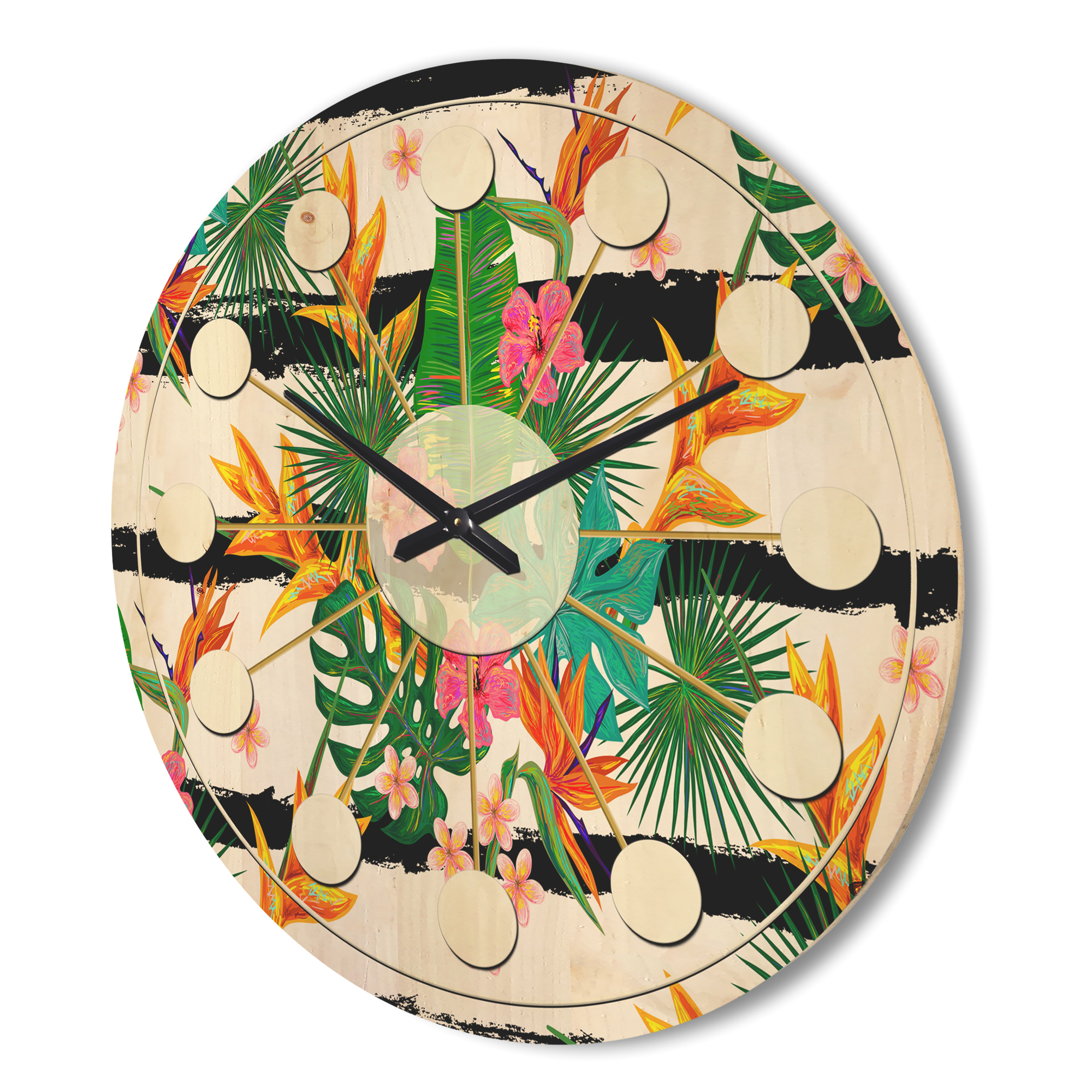 Designart 'Tropical Leaves Retro Pattern II' Mid-Century Modern Wood Wall Clock