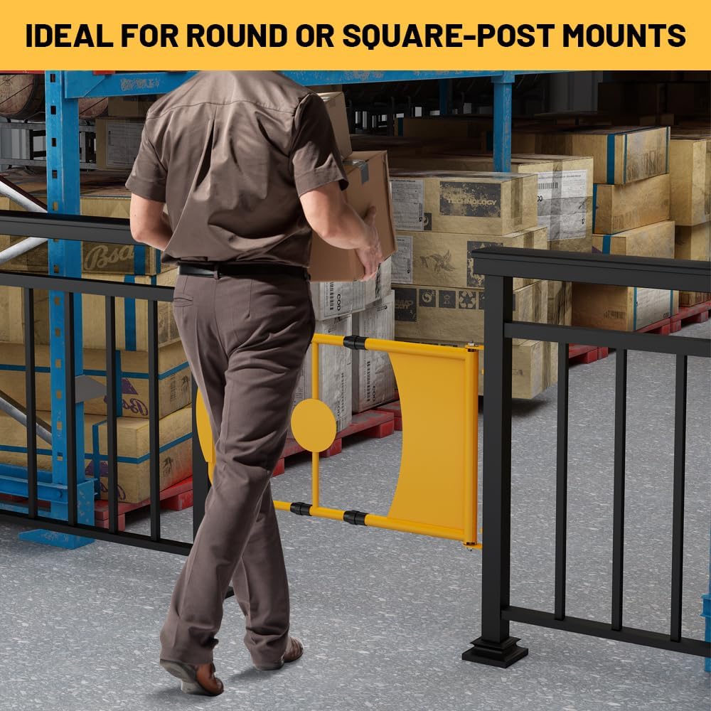 Universal Warehouse Safety Swing Gate, Retractable Manual-Closing Swing Gate for Square or Round Post Mount, Adjustable Metal Safety Gate 24" to 40" Width Opening, Safety Yellow