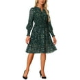 thumbnail image 2 of INSPIRE CHIC Women's Metallic Star Dress V Neck Smocked Waist A-Line Lantern Sleeve Dress S Dark Green-Floral, 2 of 6