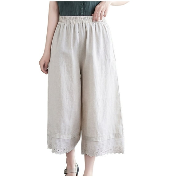 cocolona Womens Summer Linen Capri Pants Casual Soild Color Lace Wide Leg Cropped Trousers