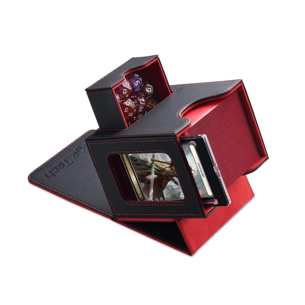 Mage Tech Card Deck Box para MTG Commander - Diseño patentado Commander Display Se adapta a 100 tarjetas de doble funda Bandeja de dados y ladrillos de tarjetas de 35 puntos - Negro/Rojo