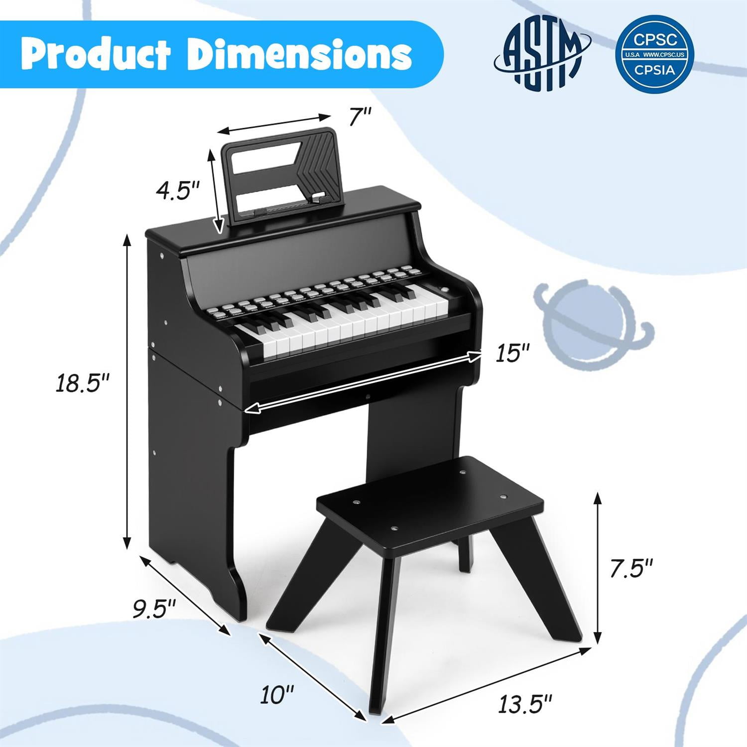 Spaco 25-Key Kids Piano with Stool, Adjustable Speed & Volume, Record/Playback, Sturdy Design, Music Enlightenment, Black