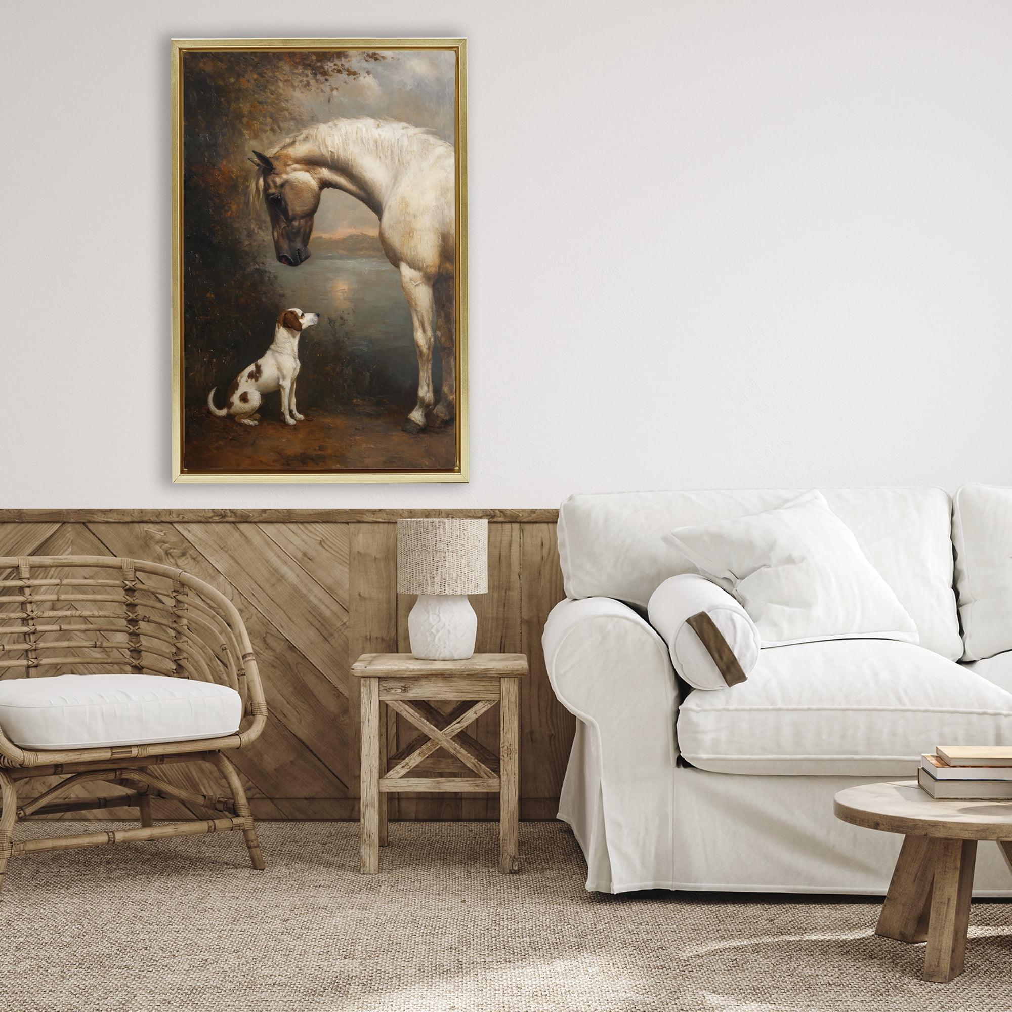 Stupell Industries Hound & Horse Vintage View Gold Framed Floater Canvas Wall Art, design by Petal Prints Design