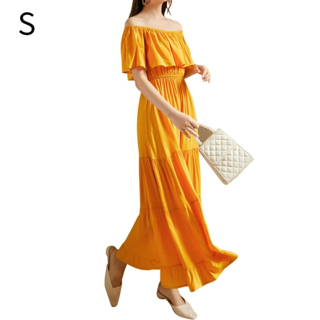 Robe de Vacances Couleur Unie Robe à Épaules Dénudées Robe d'Été Robe Décontractée de Plage Longue, Jaune, P