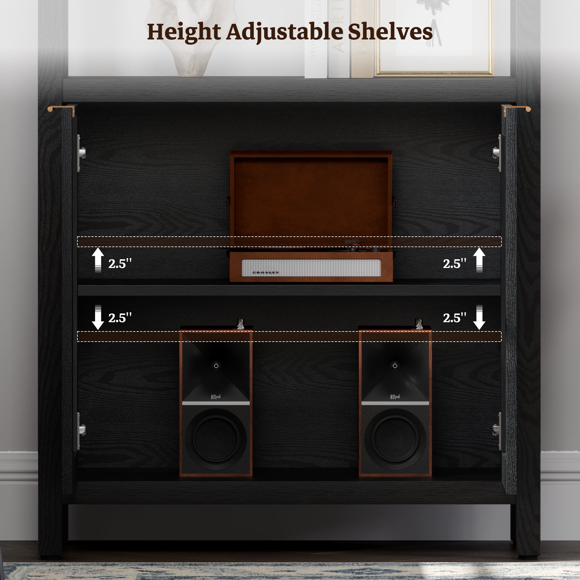 SICOTAS 71" Tall Bookcase with Doors, Boho 5 Tier Rattan Bookshelf Set of 3, Mid-Century Bookcase with Storage Cabinet for Living Room, Bedroom, Library & Home Office in Black Oak