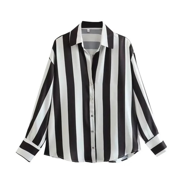 Camisa de gran tamaño a rayas for mujer, blusa de satén, camisas de manga larga con botones for camisas y blusas con cuello