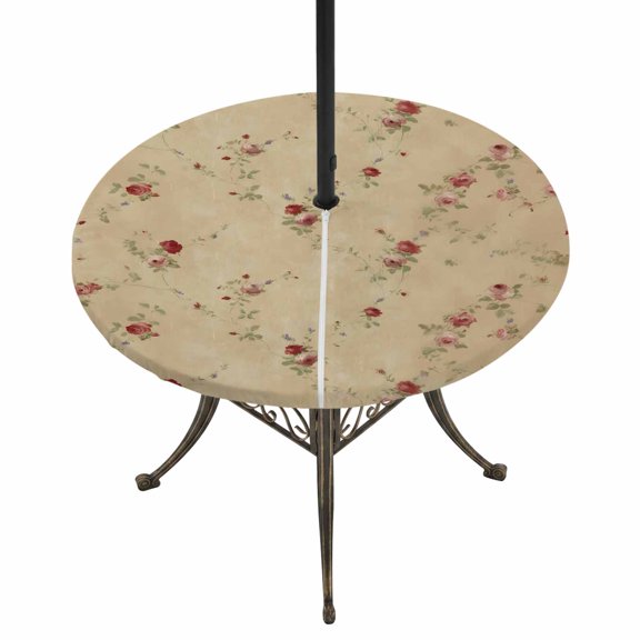 Round Outdoor Tablecloth with Umbrella Hole and Zipper, Rose Bud Flowers Tablecloth with Elastic Waterproof, Vintage Cottagecore Farmhouse Florals Patio Table Covers for 31" - 35" Picnic Pool Tables