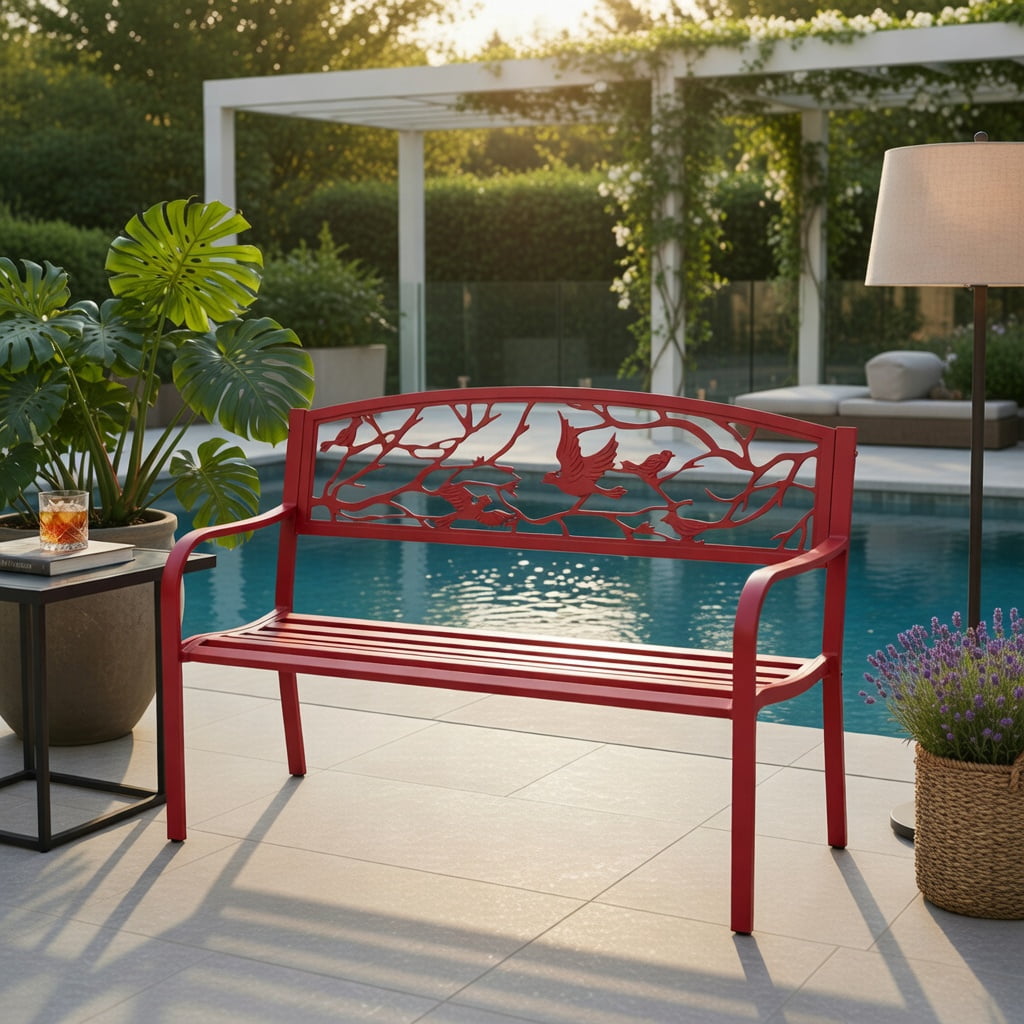 Hommoo Steel & Cast Iron Outdoor Garden Bench for Patio, Yard, Deck or Park, with Ergonomic Backrest and Armrests, Red