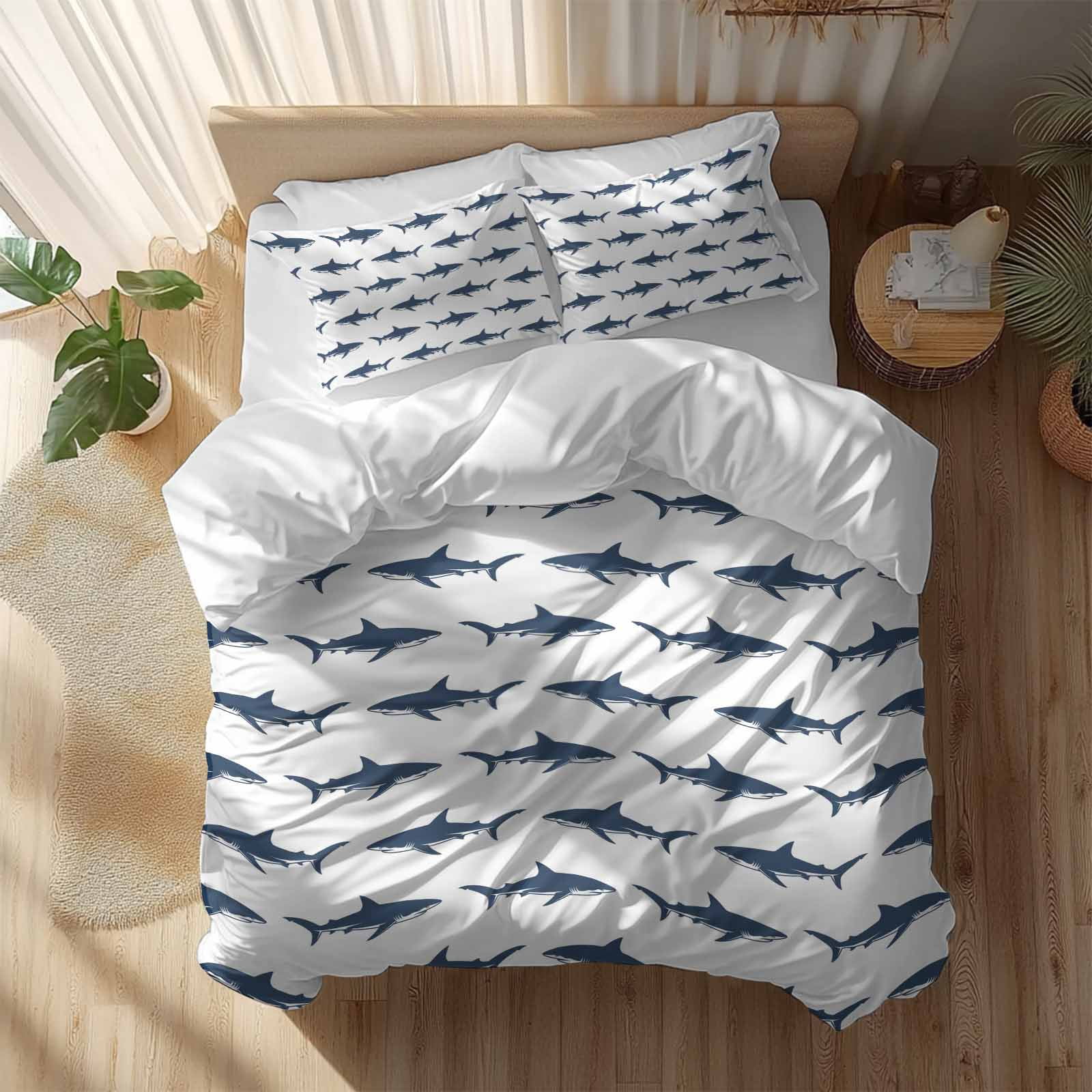 Blue Coastal Shark Bedding 3 Piece Duvet Cover Set Twin Size, Ocean Sea Nautical Soft Microfiber Comforter Cover with Zipper Closure & Pillowcases, Wrinkle & FadeResistant Quilt Cover