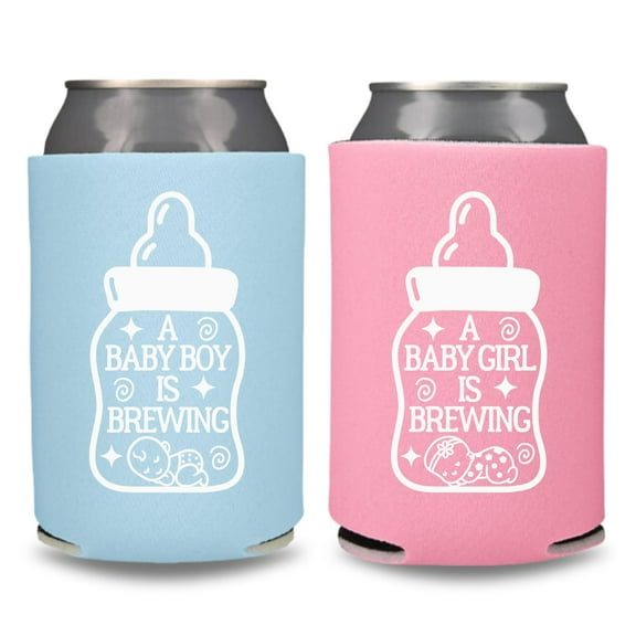 Baby Announcement Can Coolers, A Baby Is Brewing, Gender Reveal Coolies, Baby Shower Beer Coolies, Party Gifts and Favor Ideas (1 Placid Blue & 1 Bubble Gum (2 Pack))