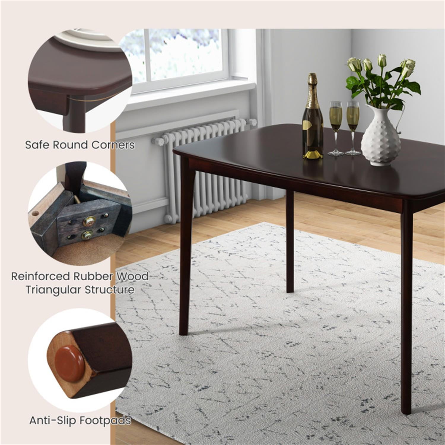 Demi Bonn 48" Solid Wood Dining Table with Rubber Wood Supporting Legs for Kitchen Dining Room, Modern Rectangular Dining Table Furniture, Brown