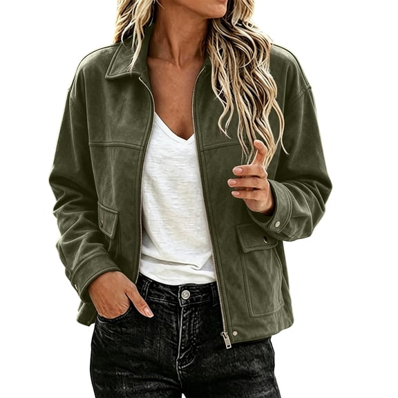 cocolona Womens Fall Jacket Lapel Long Sleeve Lined Solid Color Outerwear Casual Zip Up Vintage Tops with Pockets