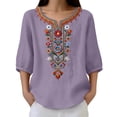 thumbnail image 4 of Qulqfy Embroidered Shirts for Women 3/4 Sleeve Fall Casual Floral Purple Comfy Tunic Cute Henley V-Neck Tshirts XL, 4 of 8