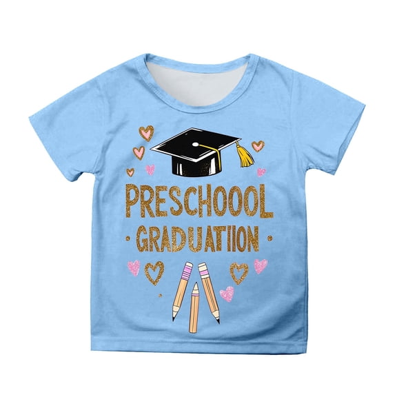 Phcqqok Fourth of July Shirt Girls Graduation T-Shirt Cute Cartoon Print Short Sleeve Top for Toddler Kids School Celebration Casual Comfortable Outfit 6-7 Years