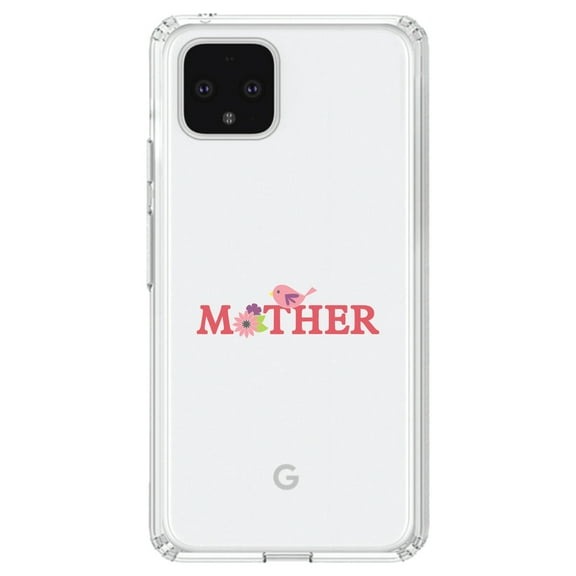 DistinctInk Clear Shockproof Hybrid Case for Google Pixel 4 (6.1" Screen) - TPU Bumper Acrylic Back Tempered Glass Screen Protector - Mother - Pink Bird & Flowers