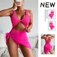 thumbnail image 2 of Gibobby Bañador de Bikini Bikini de cintura alta para mujer, traje de baño de cuello bajo de Color sólido rosa, conjunto de ropa interior deportiva de 3 (Rosa caliente,M), 2 of 5