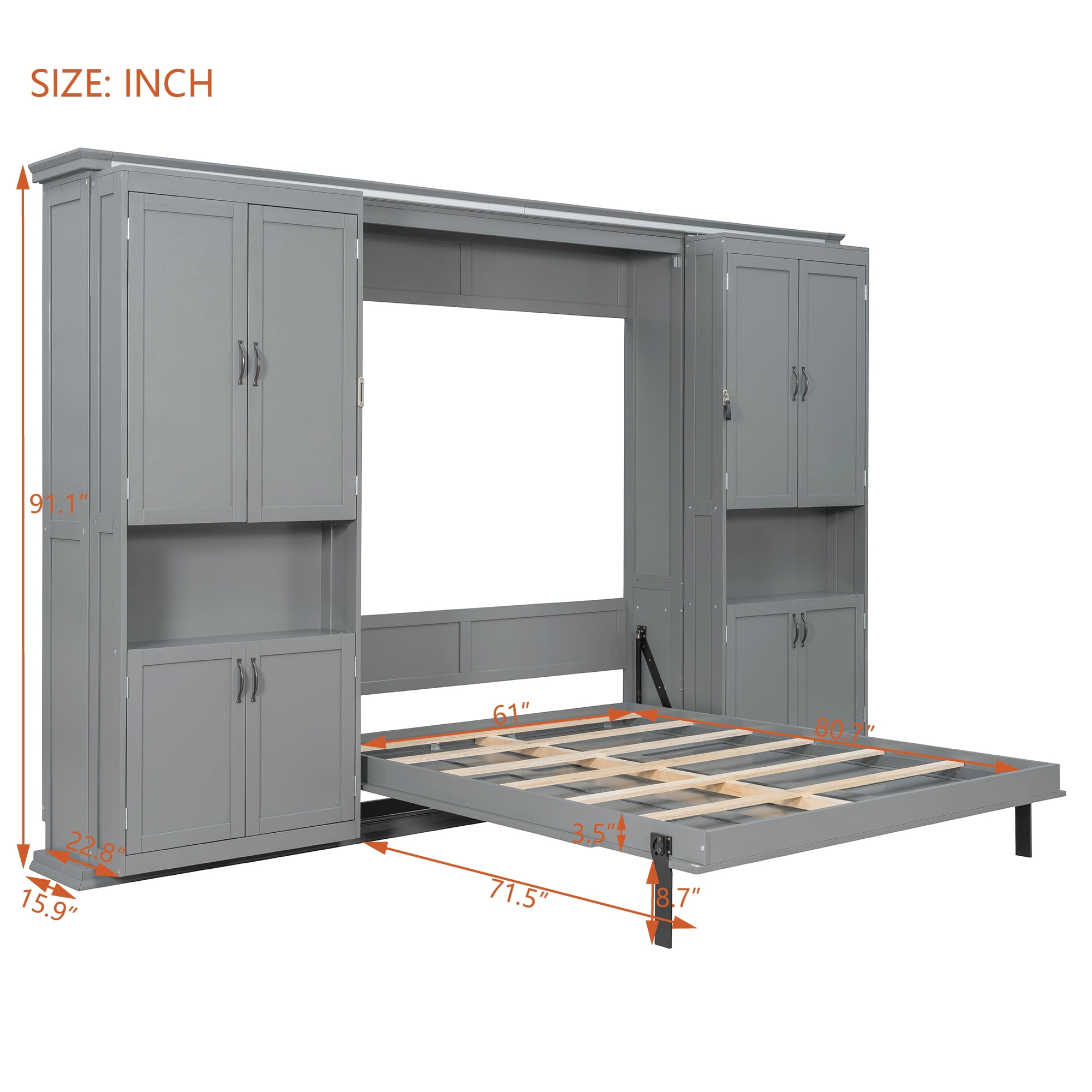 Queen Size Murphy Bed with Dual Sliding Storage Cabinets, 6-Tier Open Shelves, Space-Saving for Small Space, Guest Room