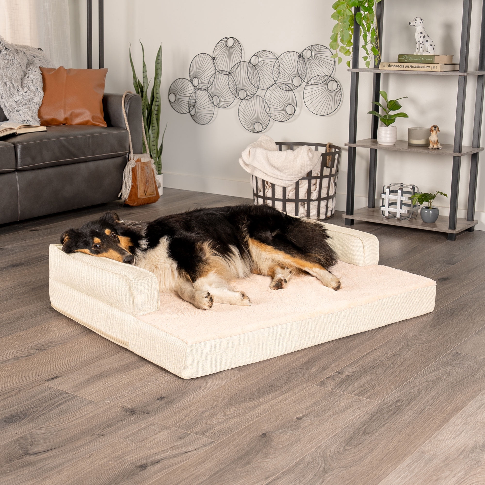 FurHaven Pet Products Plush & Decor Check Comfy Couch Orthopedic Pet Bed for Dogs & Cats - Wheat, Jumbo
