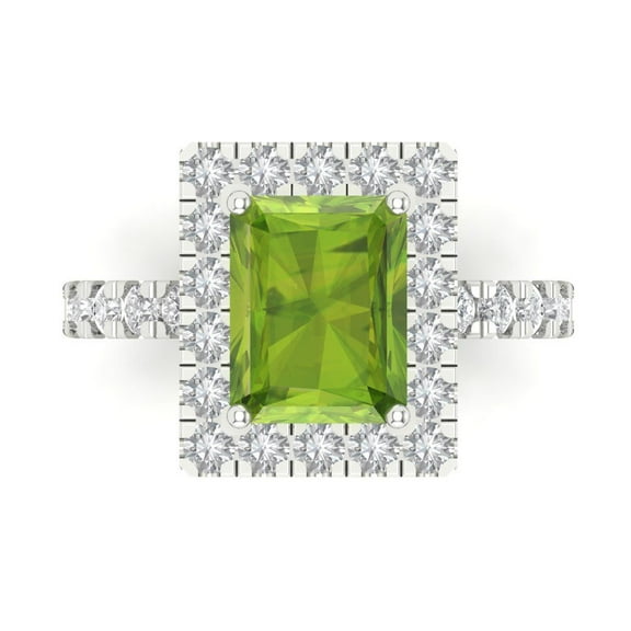 Halo Engagement Ring for Women - 3.84ct Natural Peridot in 18K White Gold Promise Ring