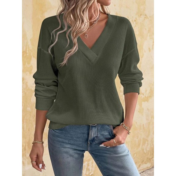 Women's Olive Green Ribbed Knit V-Neck Sweater Drop Shoulder Loose Fit Long Sleeve Pullover for Fall Winter Layering with Jeans Daily Outfits