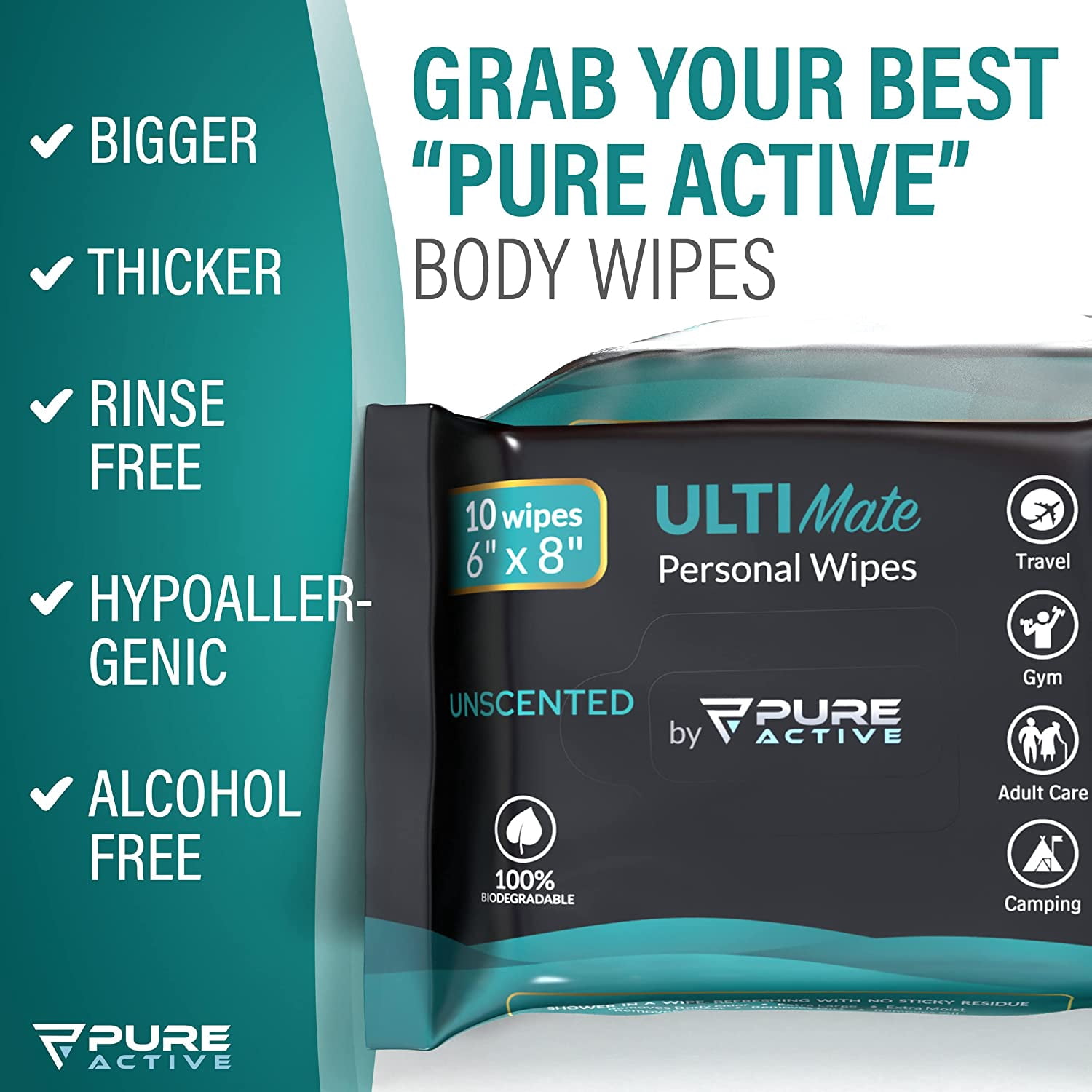 Pure Active Ultimate Shower Body and Face Wipes, Biodegradable Personal Hygiene Body Cleansing Wipes for Men for After Gym Travel Camping Adult Bathing Wipes (120 Wipes 6''x8'', Unscented)