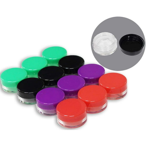 Set of 12 Clear Plastic Jars With Colored Lids: Size 1 x 1/2 inch