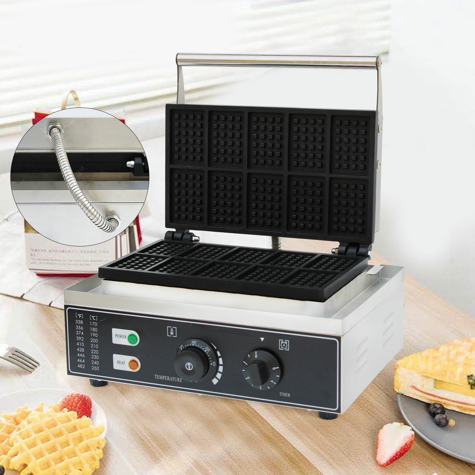 Commercial Square Waffle Maker, 10 Grids 1500W Electric Waffles Maker Stainless Steel Belgian Waffle Iron Nonstick Waffle Machine for Restaurant, Snack Bar, Bakery, Home