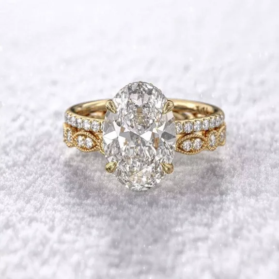 Forever Jewels 3Ct Oval Moissanite Womens Wedding Bridal Ring Set 14K Yellow Gold Plated