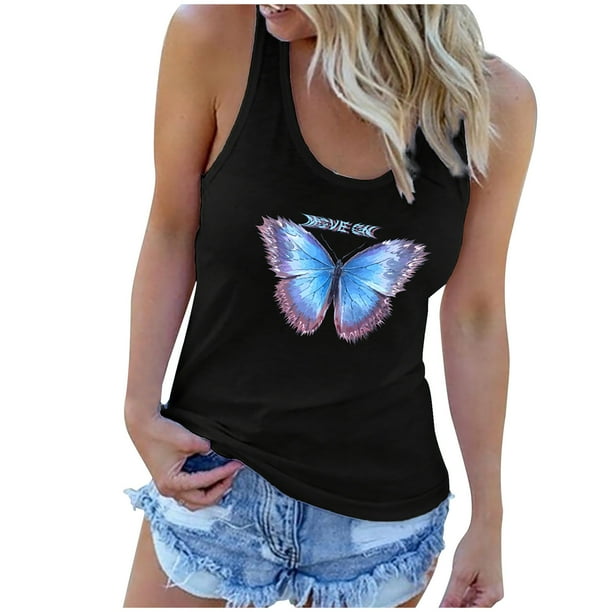 Moda de mujer Verano Sexy O Cuello Casual Mariposa Impreso Tanque Sin mangas Tops Pompotops lopia989715