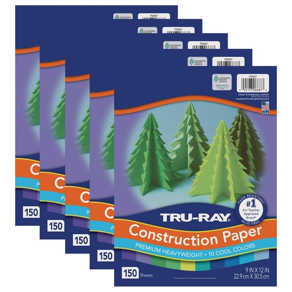 Tru-Ray Construction Paper, Heavyweight, Cool Assorted, 9" x 12", 150 Sheets Per Pack, 5 Packs