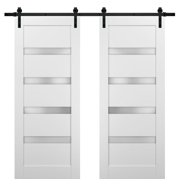 Sliding Double Barn Doors 48 x 80 with Hardware | Quadro 4113 White Silk with Frosted Opaque Glass | Top Mount 13FT Rail Sturdy Set | Kitchen Lite Wooden Solid Panel Interior Bedroom Bathroom Door