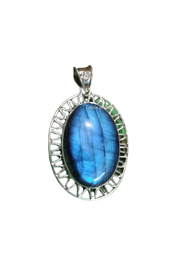 Solid 925 Sterling Silver Pendant For Women Men, Natural Oval Labradorite Blue Fire Gemstone Amazing Handcrafted Jewelry For Her Him