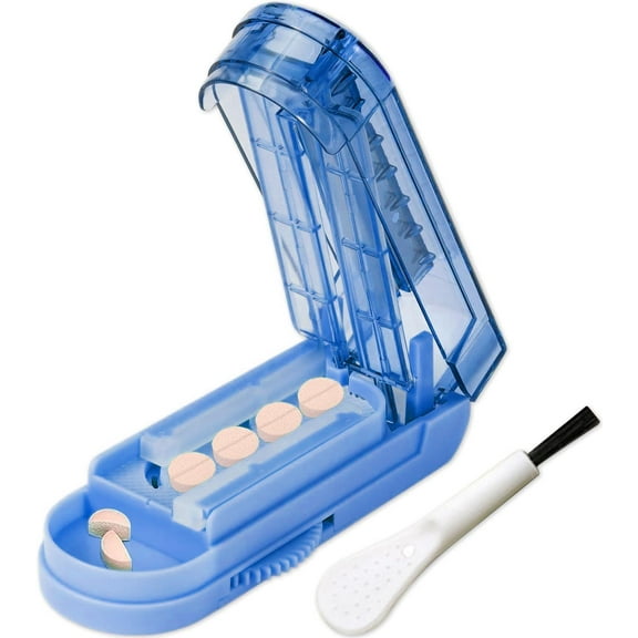 Pill Cutter Splitter for Small and Tiny Pills. Adjustable Pill Splitter Accurately Cuts Multiple Pills at Once. Sharp Blade with Safety Guard. Non-Slip Silicone Edge (Dark Blue)